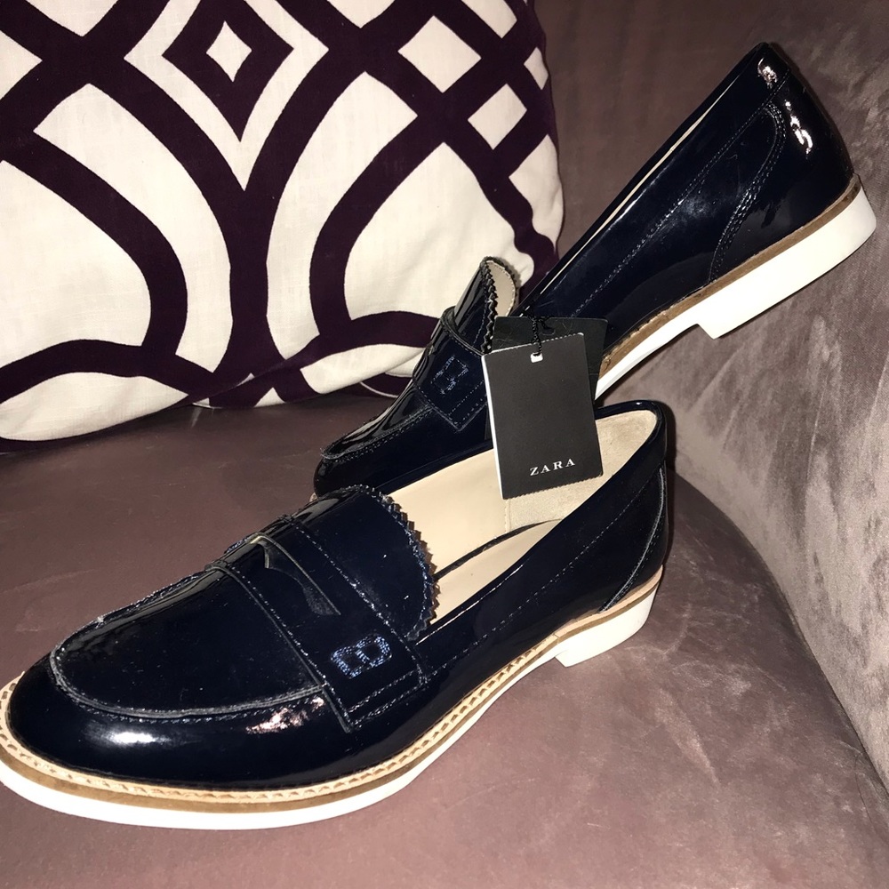 Zara navy patent leather loafers